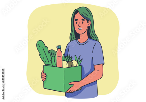 A woman is holding a green box with vegetables in it
