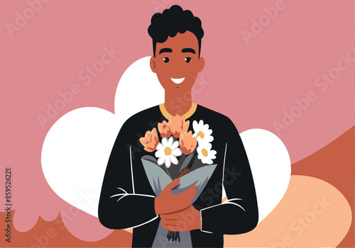 A man is holding a bouquet of flowers and smiling