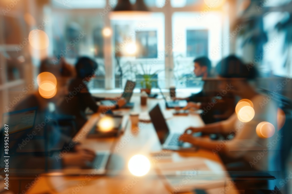 Blurred view of a modern office meeting room with people working on laptops. ai generative Blurred view of a modern office meeting room with people working on laptops. ai generative