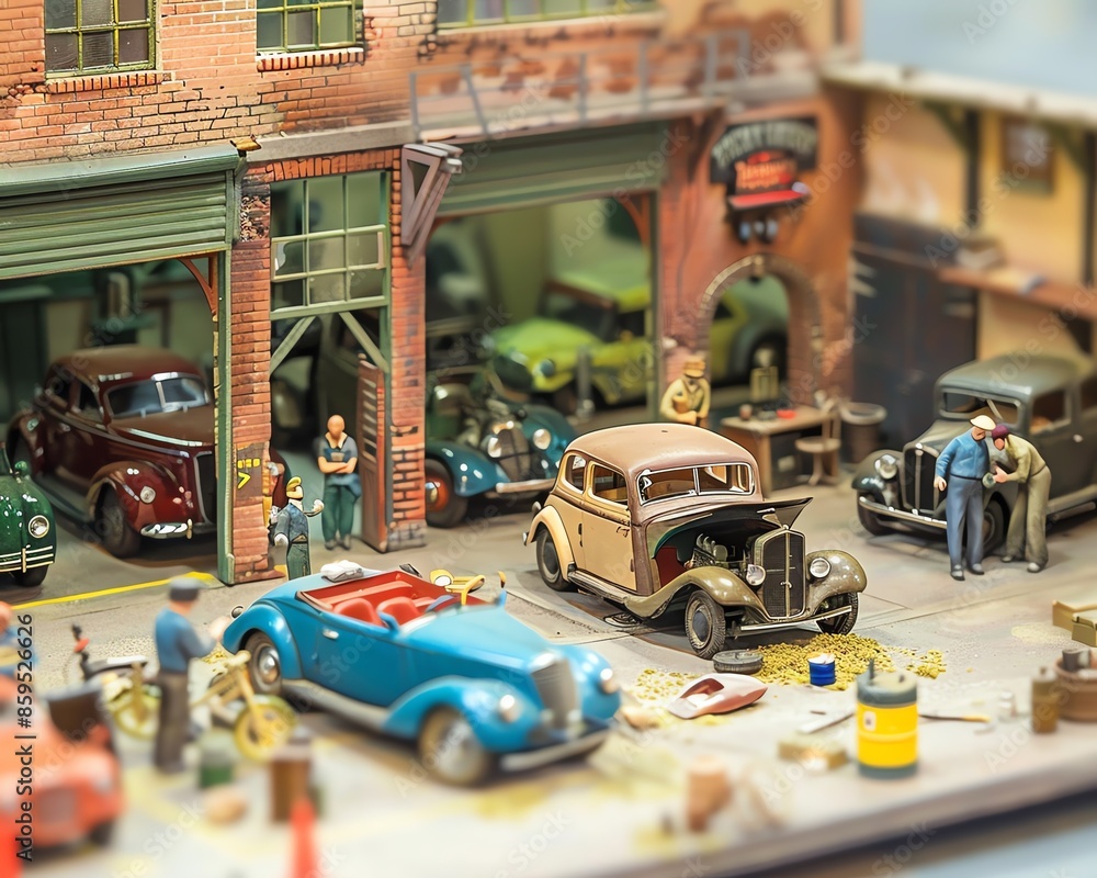 164 scale miniature old car showroom with mechanics working on classic cars, Miniature, Active automotive workshop scene 164 scale miniature old car showroom with mechanics working on classic cars, Miniature, Active automotive workshop scene