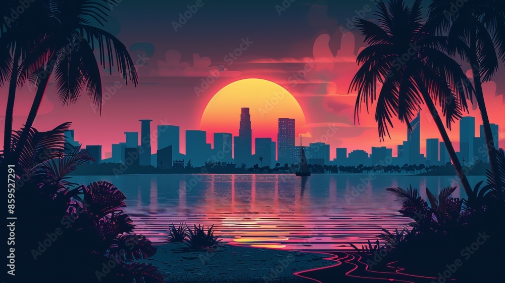 Obraz premium AI Generated. AI Generative. Old vintage cyberpunk vapor wave synthwave miami vice florida tropical landscape. Graphic Art. synthwave sunset. Illustrations