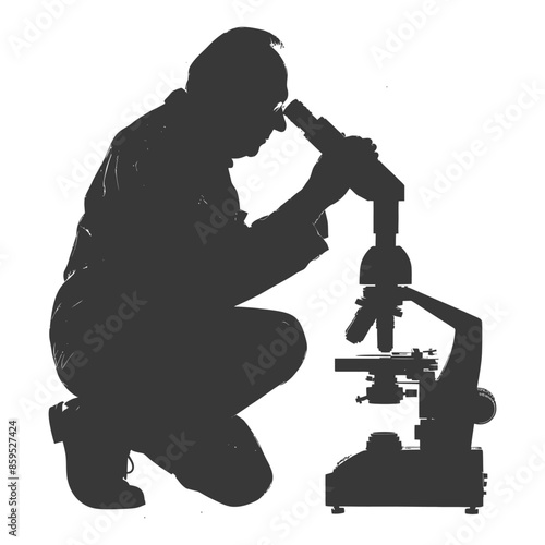 Silhouetted Scientist Squatting, Microscope Focus: Research, Discovery, and Analytical Investigation.