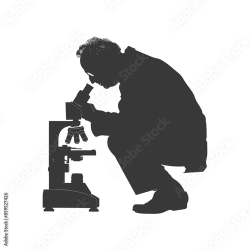Silhouette Scientist: Squatting Researcher Examining Specimen with Microscope, Isolated on White.