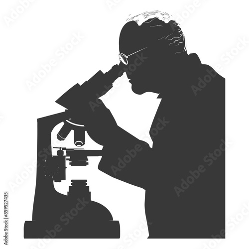 Silhouette Scientist: Elderly Man with Microscope, Scientific Discovery.