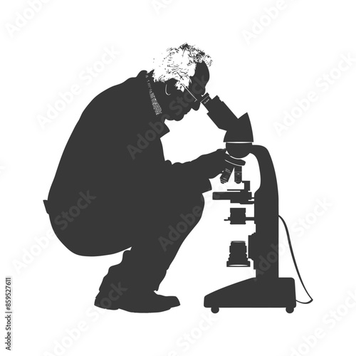 Squatting Scientist: Microscope Silhouette, Detailed Observation.