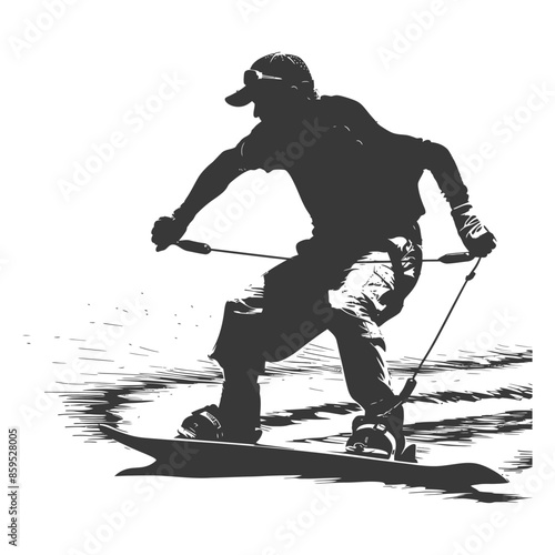 Monochrome Wakeboarder Silhouette: Action Sport, Graphic Style.