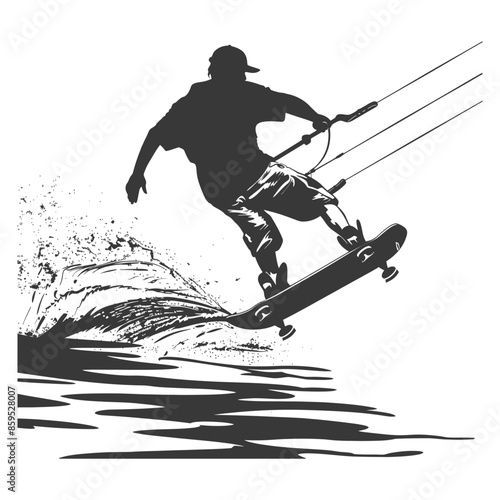 Monochrome Kite Surfer Silhouette Leaping over Water Spray