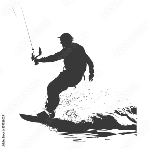 Kitesurfing Silhouette: Man in Action, Water Spray, Extreme Sport Vector on White.