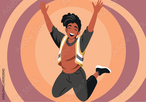 A young man is jumping in the air with his arms raised