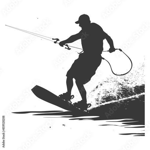 Kiteboarder Silhouette: Action Sport Thrill, Cap, Rope, Water Spray, Extreme Adventure.