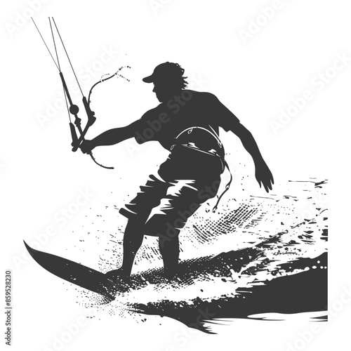 Kitesurfer Silhouette: Vector Sport Action, Surfboard Ride, Water Spray, Graphic Illustration