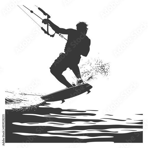 Silhouetted Kiteboarder: Extreme Water Sport Jump Vector.