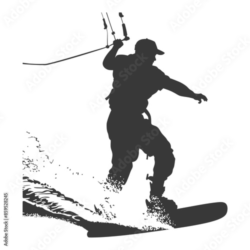Kitesurfer Silhouette: Man Riding Wave, Harness and Kitebar, Isolated Vector.