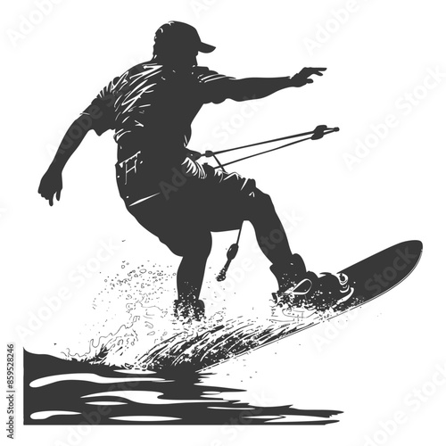 Silhouette Wakeboarder: Rider Carving Wave, Extreme Water Sport Vector Art