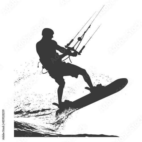Kitesurfer Silhouette: Water Splash Jump, Abstract Sport Graphic, White Background
