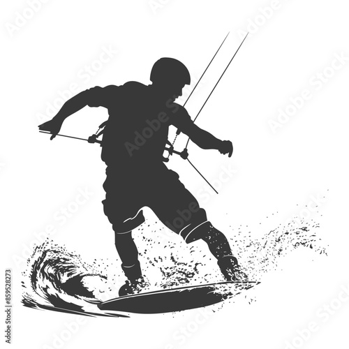 Kitesurfer Silhouette: Dynamic Wave Spray, Action Sport, High Contrast Graphic