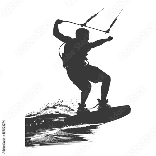 Silhouette of Kiteboarder Leaping Over Water, Extreme Sport Vector.
