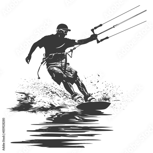 Kite Surfer Silhouette: Dynamic Vector Illustration on White Background