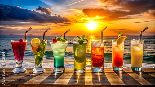 Refreshing Cocktails With A View Of The Sunset Over The Ocean. photo