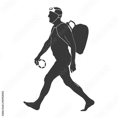 Caving Silhouette: Caver Walking with Gear, Headlamp, Pack, Isolated on White.