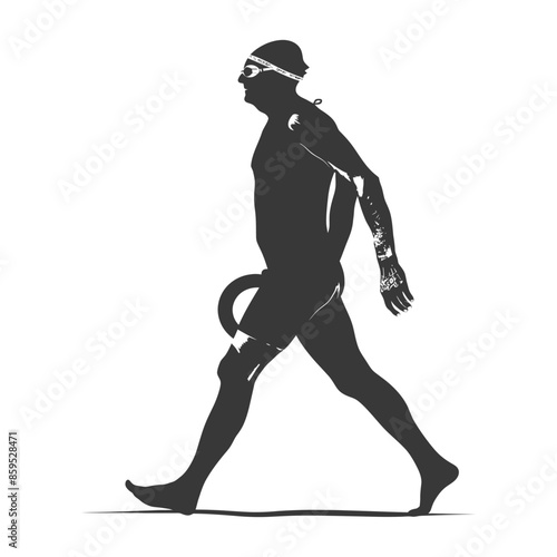 Triathlete Silhouette: Swimmer Exiting Water, Loop buoy around Waist, Vector Illustration