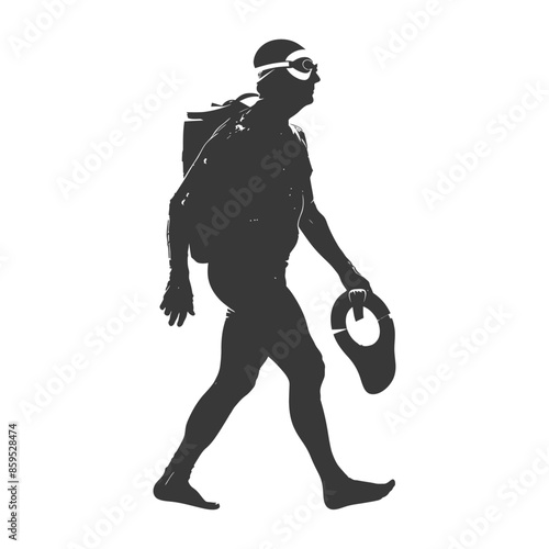 Silhouette of swimmer with gear, walking, isolated on white.