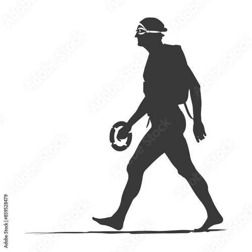 Silhouette of Swimmer Walking with Buoyancy Aid and Kickboard, White Background.