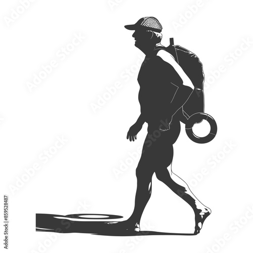 Silhouetted Barefoot Traveler with Backpack and Tire, Vector Illustration.