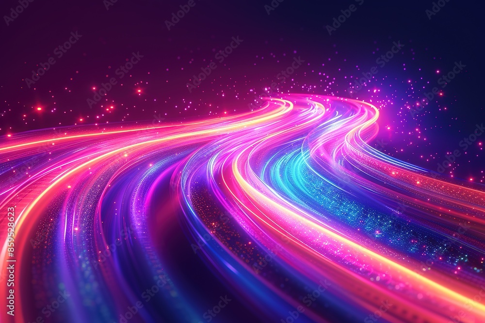 High speed effect motion blur night lights blue and red. Futuristic neon light line trails. bright sparkling background. Purple glowing wave swirl, impulse cable lines. Long time exposure. Vector. High speed effect motion blur night lights blue and red. Futuristic neon light line trails. bright sparkling background. Purple glowing wave swirl, impulse cable lines. Long time exposure. Vector.