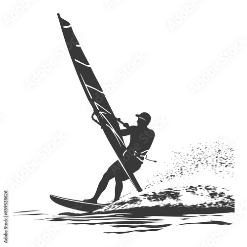 Windsurfer Silhouette: Catching the Wind and Spray, Black and White Vector.