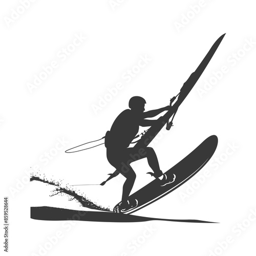 Windsurfer Silhouette: Action Spray, Isolated White Background, Sports Vector.