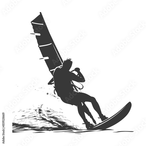 Windsurfer Silhouette: Dynamic Water Sport Action, Isolated Black and White.