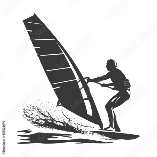 Windsurfer Silhouette: Leaning into the Breeze, Water Spray Graphic.