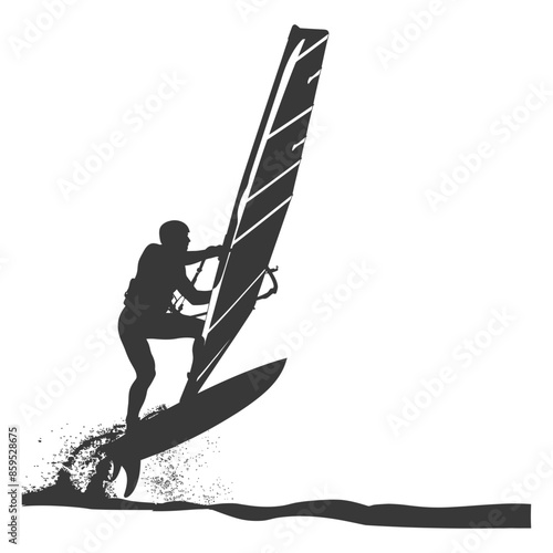 Windsurfer Silhouette: Dynamic Action on Water, Black and White.