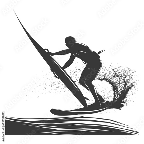 Windsurfer Silhouette: Dynamic Water Sports Action, Vector Illustration