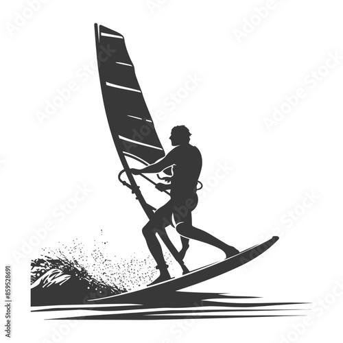 Windsurfer Silhouette: Water Sport Action, Graphic Wave, Isolated Vector.