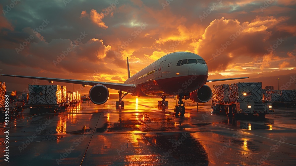 A passenger airplane is parked on a wet runway with a dramatic sunset in the background, showcasing the contrast between human innovation and nature's beauty. A passenger airplane is parked on a wet runway with a dramatic sunset in the background, showcasing the contrast between human innovation and nature's beauty.
