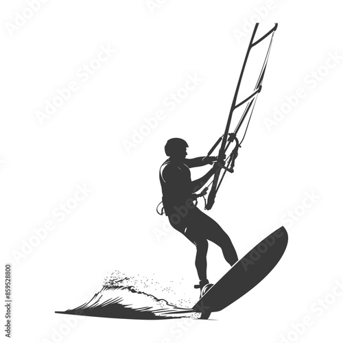 Windsurfer Silhouette: Dynamic Water Sport Action, Isolated on White.