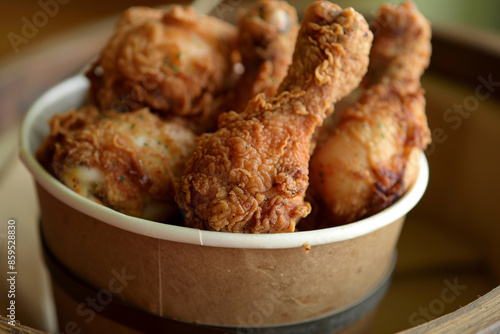 Juicy fried chicken pieces nestled in a paper bucket, crunchy on the outside, tender on the inside, a comfort food delight.