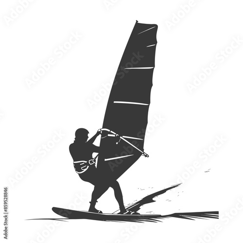 Windsurfer Silhouette: Dark Figure on Sea, Water Sport Adventure.