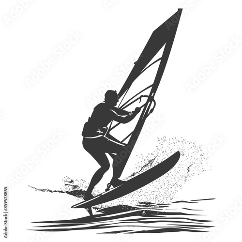 Windsurfer Silhouette: Extreme Sport Vector Graphic with Water Spray Detail.