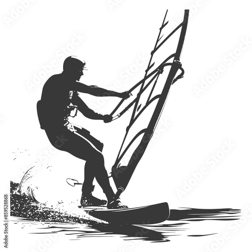 Windsurfer Silhouette: Dynamic Action, White Background, Sport Illustration.