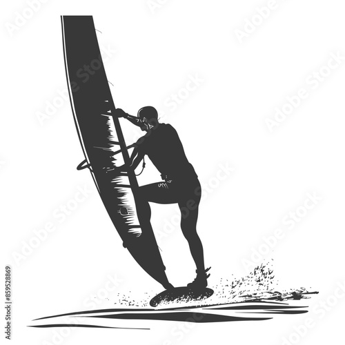 Windsurfer Silhouette: Black & White Graphic, Water Sport Action.