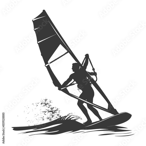 Windsurfer Silhouette: Aquatic Sport Icon with Wave Splash