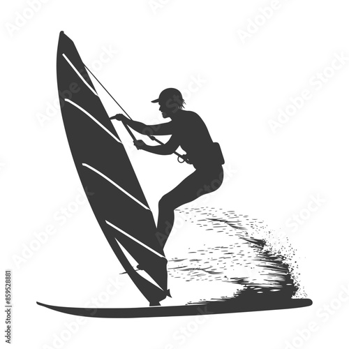 Windsurfer Silhouette: Aquatic Sport, Water Spray, Dynamic Action, Cap.
