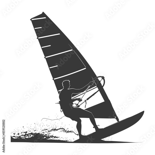 Windsurfer Silhouette: Dynamic Splash, Black and White Action Sport.
