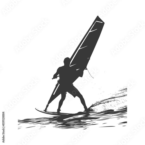 Windsurfer Silhouette: Extreme Sport Water Ride, Simple Black and White Illustration.