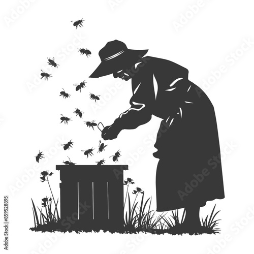 Beekeeper Silhouette: Woman Tending Hive, Swarm of Bees, Vintage Style, Apiculture, Garden.