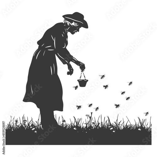 Silhouette: Beekeeper Woman Feeding Bees from Small Bucket in Grassy Field.