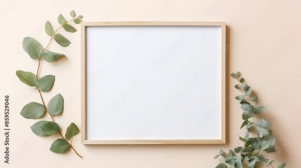 Blank Frame with Greenery on Pastel Background Blank Frame with Greenery on Pastel Background